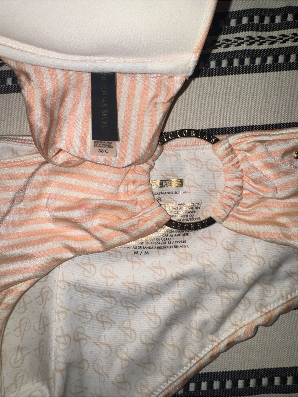 Victoria's Secret Peach & Cream Striped Bandeau Bikini Set wi/ Gold Rings, 36C/M - Picture 4 of 6